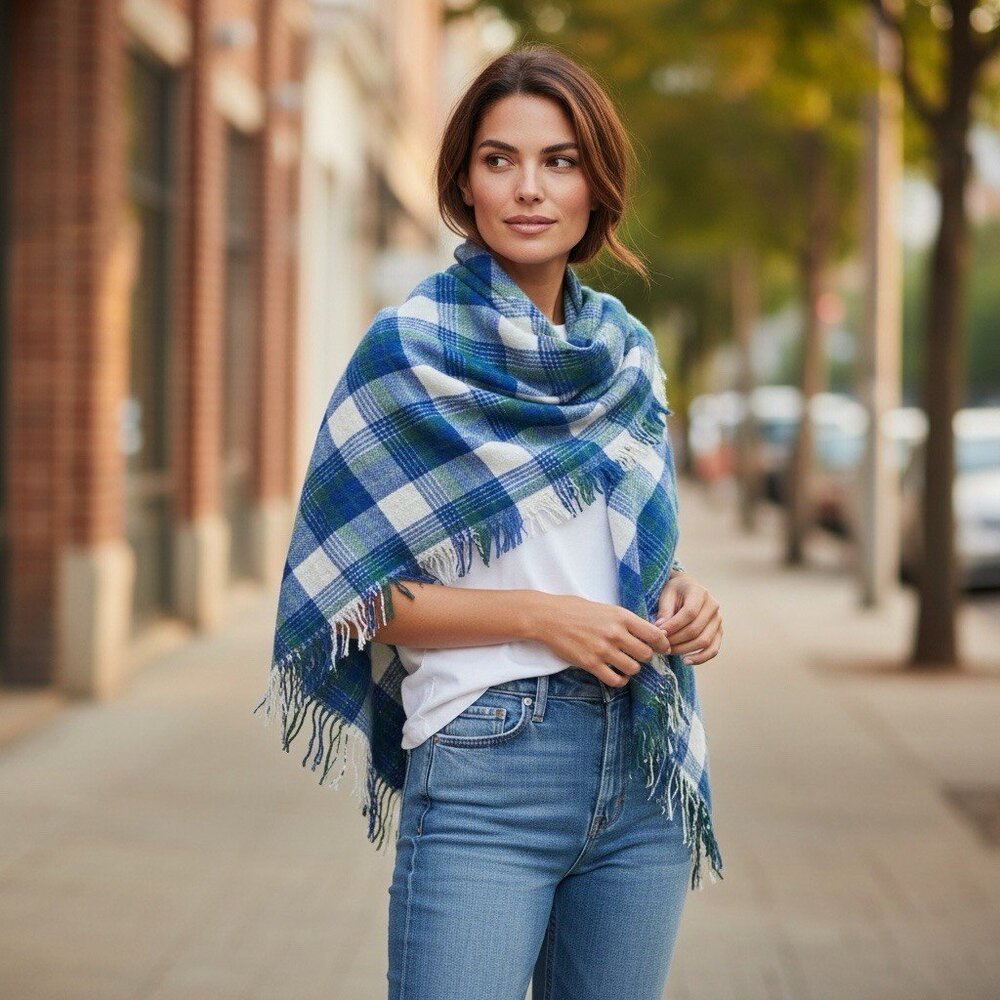 Madewell Plaid Blanket‎ Scarf Western Soft Winter Fall Fringe Blue White Green